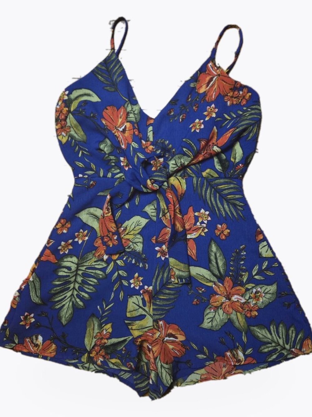 LUSH Blue Tropical Floral Romper Spaghetti Strap Twist Front Women's Size S